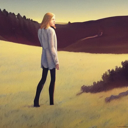 Prompt: Elle Fanning in the painted world of Raised by Wolves, head and shoulders masterpiece, apocalypse, golden hour, cosmic horror, artstation, in the style of Andrew Wyeth and Edward Hopper and Bosch, extremely detailed
