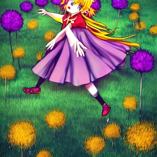 Image similar to Komeiji Koishi dancing in a field of dandelions, anime, Touhou, digital art, soft lighting