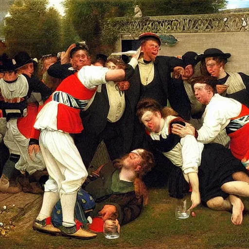 Prompt: drunk English football fans by Edward Poynter