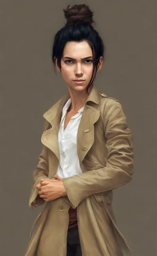 Image similar to upper body portrait of a girl from final fantasy live action, with short black hair and green eyes in a tan trenchcoat over a white shirt, award winning, masterpiece digital painting by greg rutkowski, alex grey, artstation, 4 k wallpaper,