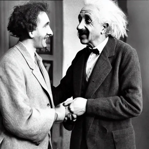 Image similar to Albert Einstein shaking hands with xqc