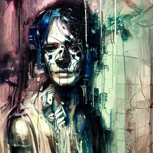 Image similar to a cyberpunk noir detective, skulls, wires cybernetic implants, machine noir steelpunk grimcore in cyberspace photoreal, atmospheric by jeremy mann francis bacon and agnes cecile, ink drips paint smears digital glitches