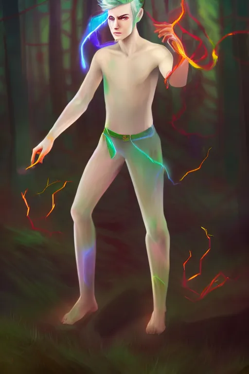 Prompt: a human elemental sorcerer, forest setting, colorful magic, male, white skin, young, sharp focus, concept art, dynamic lighting, by emylie boivin