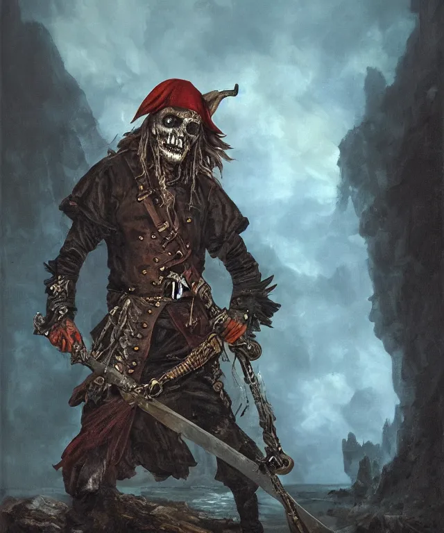 Image similar to ultra realistic color portrait painting of an undead 1 7 th century pirate with a sword in a grotto, dark, painted, brooding, atmospheric, seascape, horror, smooth, epic, highly detailed, cinematic, by keith parkinson