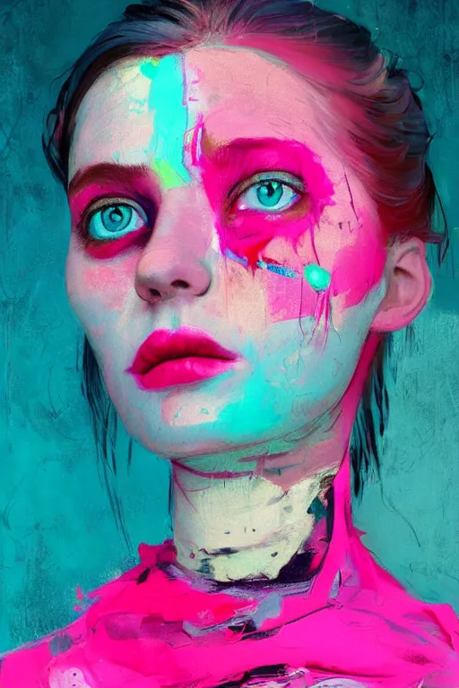 Prompt: portrait of a beautiful girl living in a postapoliptic forgotten world, she has seen war and has seen death, on her face you sadness and tears, in the colors hot pink and cyan, beautiful face, rule of thirds, complex outfit, spotlight, by greg rutkowski, by jeremy mann, by francoise nielly, by van gogh, digital painting