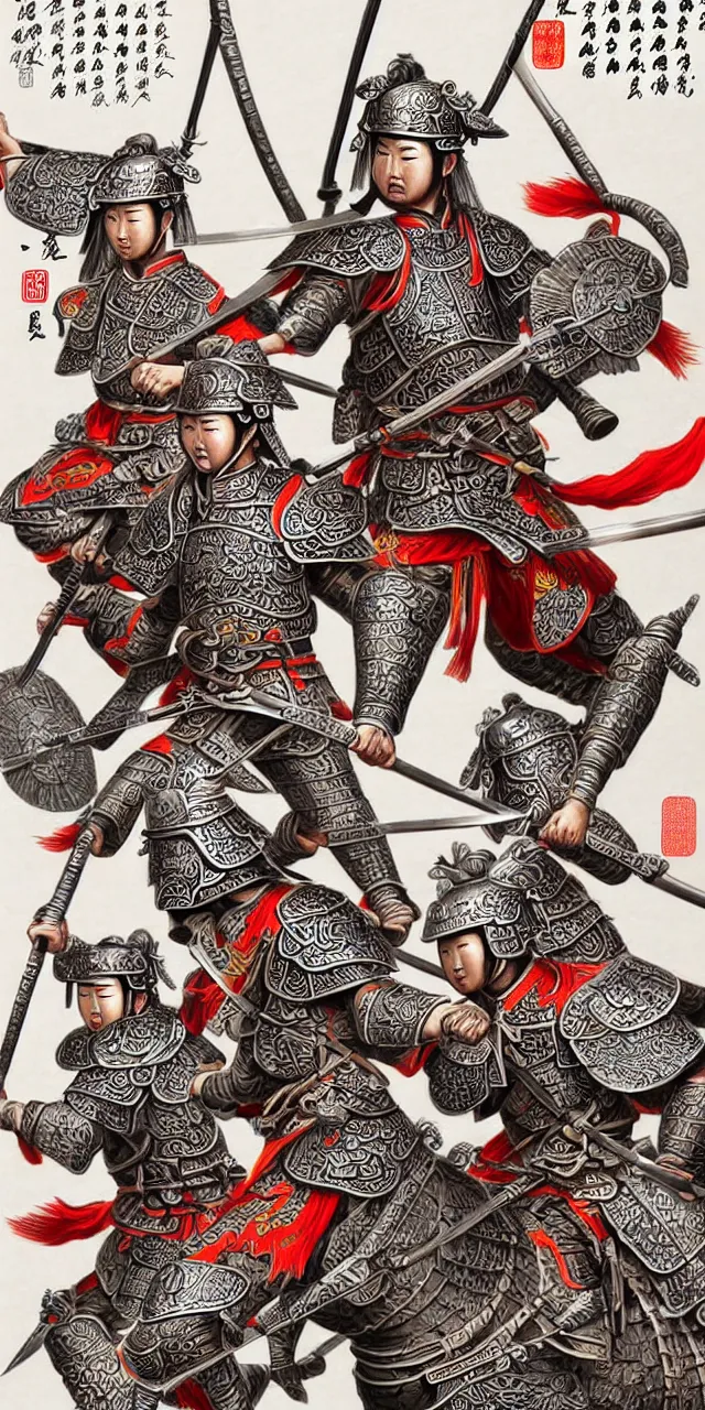 Prompt: detailed photorealistic ancient han chinese warriors soldiers army ⚔ 🪖 ⛩ with traditional chinese engravings and ornamentation on armour and weapons, and shining metallic 3 d surfaces, mandarin calligraphy, traditional chinese war shields and armour, wide angle, 3 d