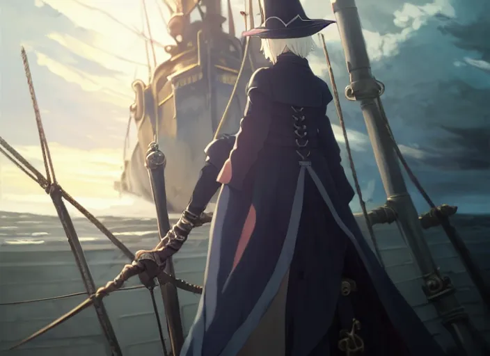 Image similar to lady maria, helm of second world war warship in background, illustration concept art anime key visual trending pixiv fanbox by wlop and greg rutkowski and makoto shinkai and studio ghibli and kyoto animation, astral witch clothes, steampunk, realistic anatomy, cute face, navy anchor, grimdark, volumetric lighting