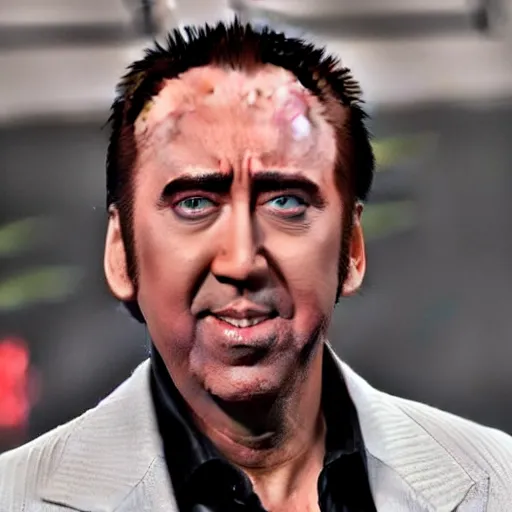 Prompt: nic cage but he's wearing an outfit that comprises his face all over it