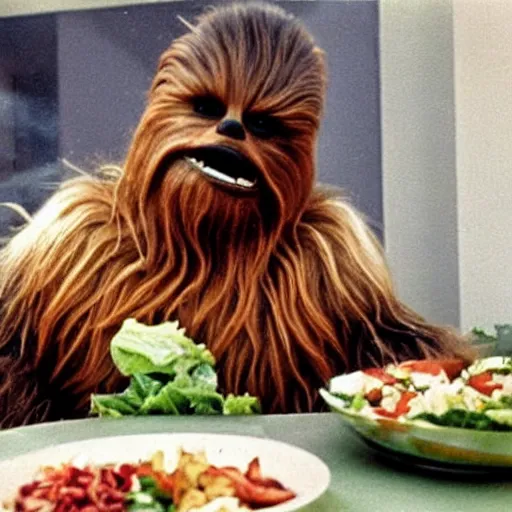 Prompt: Chewbacca eating a salad 1972 vintage
