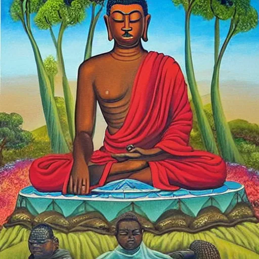 Image similar to contented peaceful south african!!! male!!! buddha, praying meditating, in a scenic environment, detailed, expressionist painting by ernie barnes and gerard sekoto