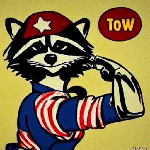 Prompt: a raccoon as rosie the riveter