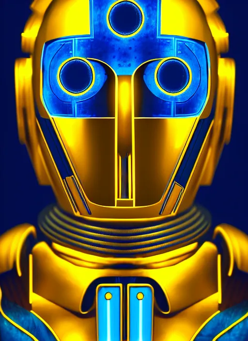 Image similar to symmetry portrait of c 3 p 0, sci - fi, tech wear, blue and yellow glowing lights, intricate, elegant, highly detailed, digital painting, artstation, smooth, sharp focus