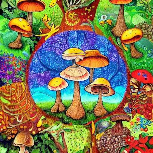 Prompt: a bunch of mushrooms that are on the ground, a jigsaw puzzle by ursula wood, pinterest contest winner, ecological art, psychedelic, colorful, i can't believe how beautiful this is