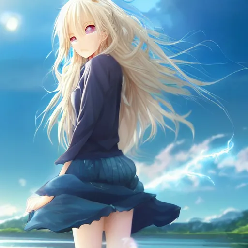 Image similar to a very beautiful anime cute girl, full body, long wavy blond hair, sky blue eyes, full round face, short smile, fancy top, miniskirt, front view, summer lake setting, strong wind, cinematic lightning, medium shot, mid-shot, highly detailed, cinematic wallpaper by Stanley Artgerm Lau