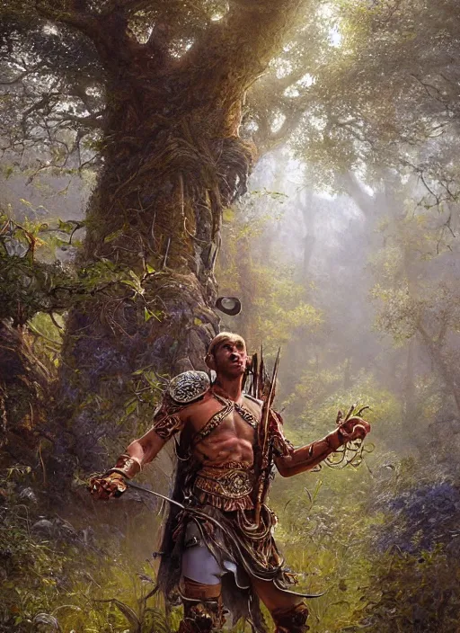 Image similar to intricate detailed portrait painting of a male warrior on a beautiful forest meadow, temple ruins surrounded by lush forest, afternoon, art by ralph horsley and swanland and tyler edlin and artgerm and greg rutkowski, atmospheric lighting, dynamic lighting