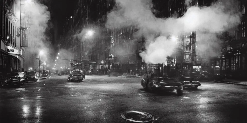 Image similar to a high resolution photo of a new york street at night surrounded with smoke and cars with bright headlights by robert capa, realistic photo, leica, magnum award winning photograph, parallax photography,