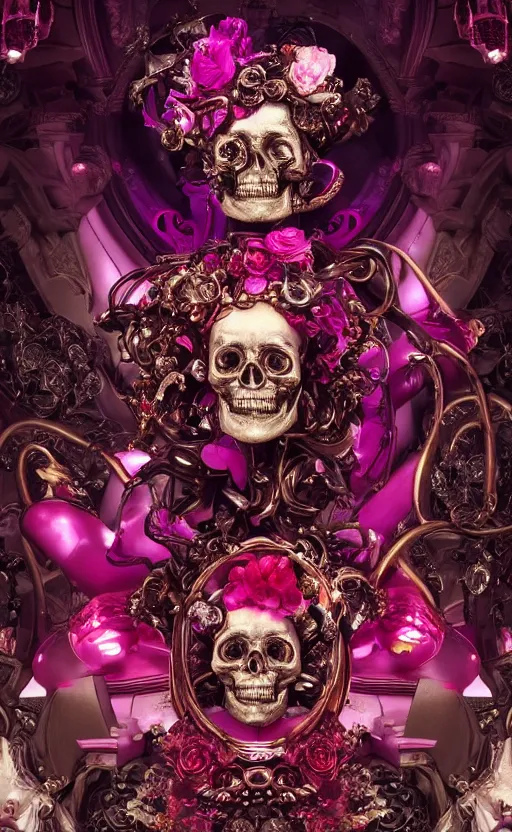 Image similar to a 3d Letter A with a large glowing pink crystal in the center, bronze cyberpunk style statue, mechanical flowers, flowing magenta silk, fabric, steampunk flowers. baroque elements, human skull. full-length view. baroque element. intricate artwork by caravaggio. many flying horses on background. Trending on artstation, octane render, cinematic lighting from the right, hyper realism, octane render, 8k, depth of field, 3D