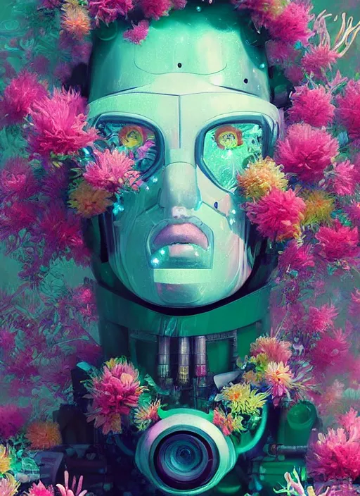 Prompt: !!!!! closeup, underwater digital painting of a robot wearing a suit made of flowers, cyberpunk portrait by filip hodas, cgsociety, panfuturism,!!!! abstract expressionism, scribbles, made of flowers, dystopian art, vaporwave!