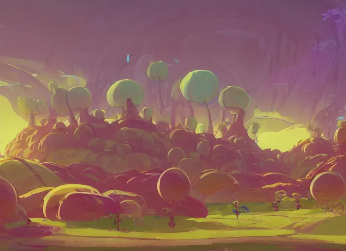 Image similar to concept art of a donut landscape made of bananas, cel shaded, in the style of makoto shinkai and moebius and peter mohrbacher and anton fadeev