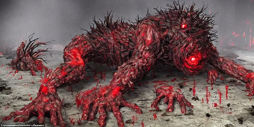 Image similar to four legged muscular creature emerges from pile of fleshy zombies, creature has red glowing eyes, photorealistic, by john carpenter, the thing, bloody, vile