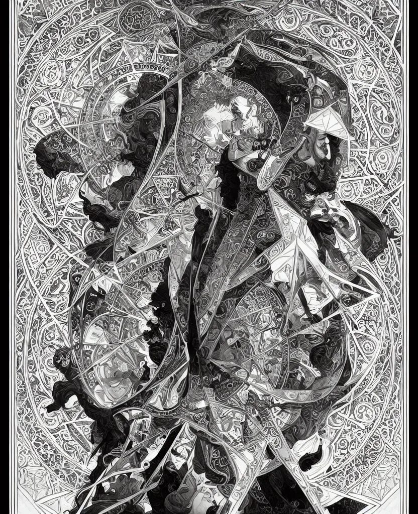 Prompt: black and white illustration of geometrical alchemical glyphs, deep focus, intricate, elegant, highly detailed, pen and ink style, artstation, concept art, matte, sharp focus, art by artgerm and greg rutkowski and alphonse mucha