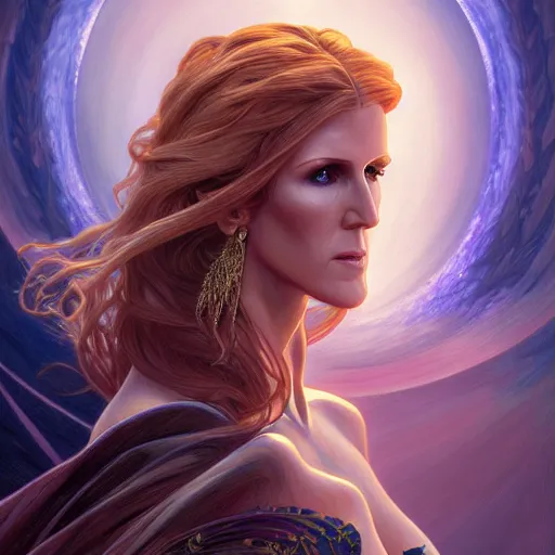 Image similar to Celin Dion as a fantasy magic woman portrait, sci-fi, amber eyes, face, long hair, fantasy, intricate, elegant, highly detailed, digital painting, artstation, concept art, smooth, sharp focus, illustration, art by artgerm and greg rutkowski and alphonse mucha