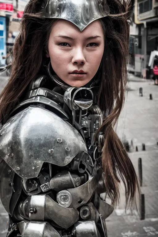 Image similar to portrait cinematography of beautiful young female, clothed in sci-fi military armor, long hair blowing in the wind. Giant mechs in the streets of Hong Kong. by Anita Sadowska