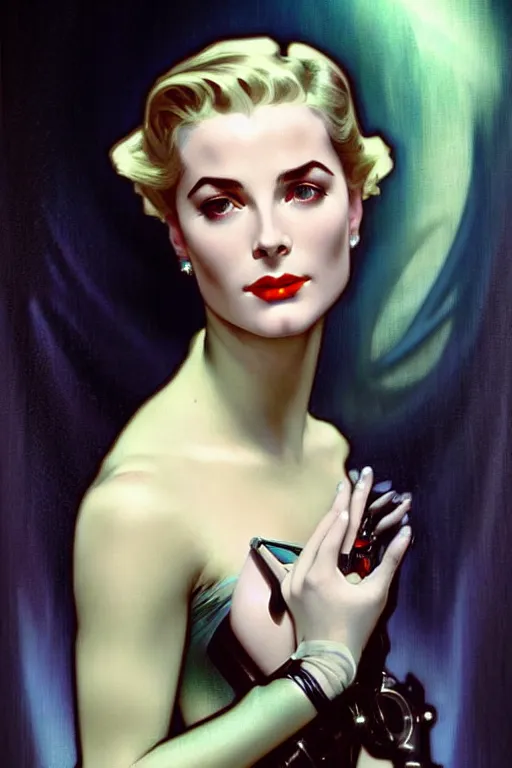 Image similar to young and beautiful evil cyborg grace kelly by steichen in the style of tom bagshaw, alphonse mucha, gaston bussiere, cyberpunk. anatomically correct elegant cybernetic body mods. extremely lush detail. masterpiece. melancholic scene infected by night. perfect composition and lighting. sharp focus. high contrast lush surrealistic photorealism. sultry evil plan.