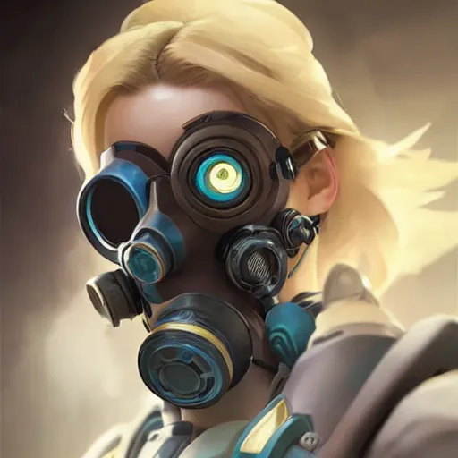 Image similar to mercy overwatch wearing cyber gas mask, 8 k resolution, highly detailed, intricate, very beautiful face, very detailed eyes, by greg rutkowski, wlop