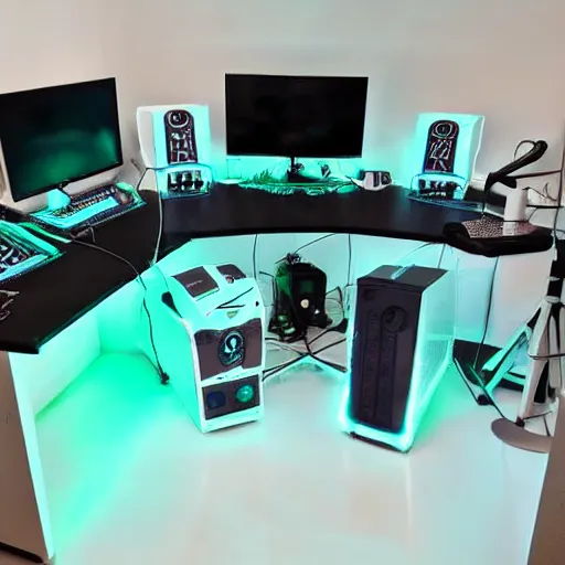 Prompt: mint choc chip themed studio set up with ice - cream coloured cable management and fresh blue lighting
