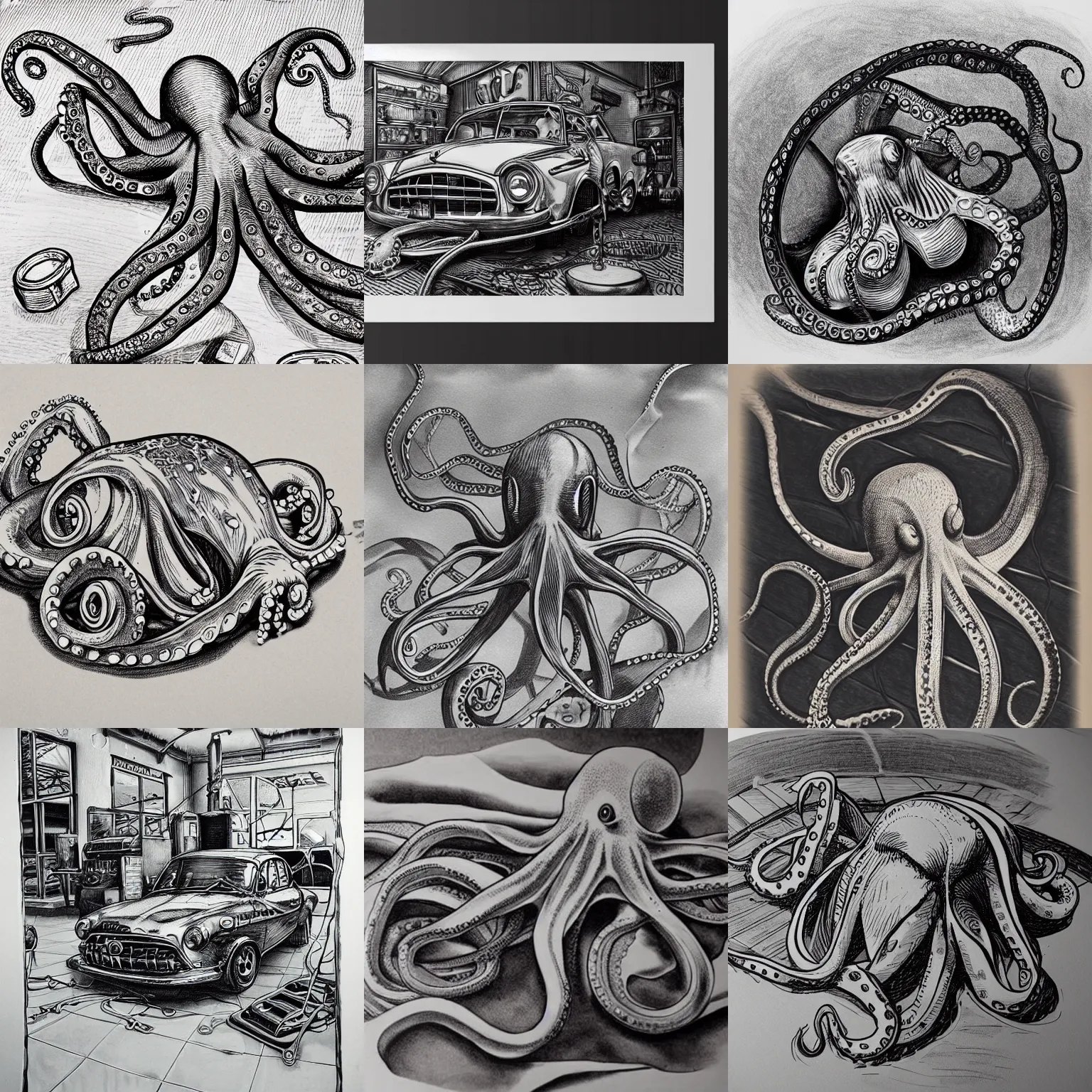 Prompt: a realistic octopus in a car repair shop, engraving, ink, sempe