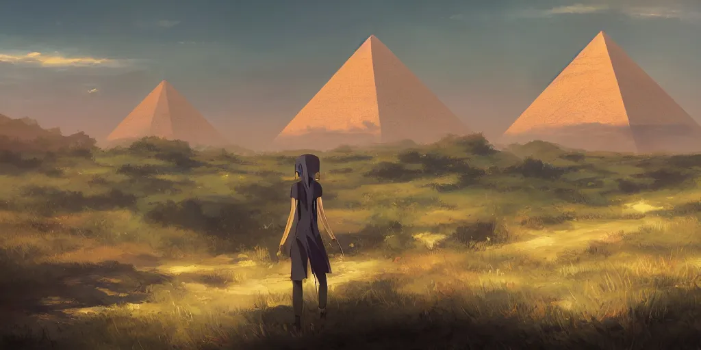 Prompt: a stunning dresert landscape with a pyramid in the distance by makoto shinkai