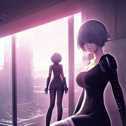 Image similar to realistic render 2 b and 9 s from nier automata by ross draws, futuristic dystopian city by ilya kuvshinov, digital anime art by ross tran, extreme intricate details, composition by sana takeda, lighting by greg rutkowski