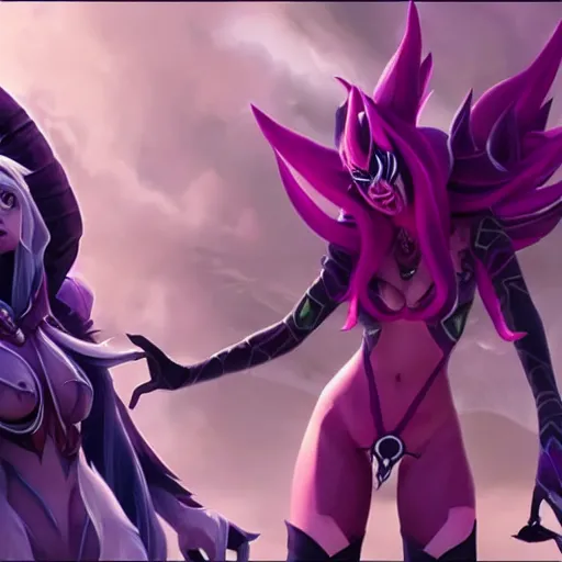 Image similar to league of legends cinematic, kai'sa and xayah are best friends, hyperrealistic