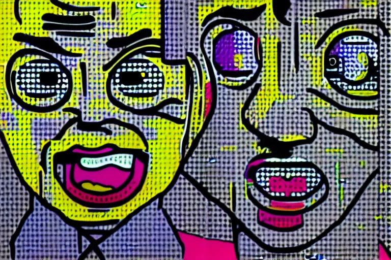 Image similar to portrait cute mr bean grey goblins by roy lichtenstein, by andy warhol, ben - day dots, pop art, bladerunner, pixiv contest winner, cyberpunk style, vivid color scheme, hd, intricate detail, fine detail, 8 k