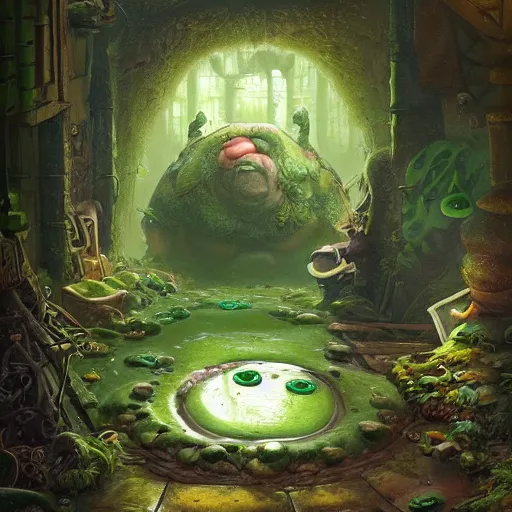 Prompt: anthropomorphic green puddle with an angry sneer lurking in a damp alleyway , concept art, painting by Justin Gerard