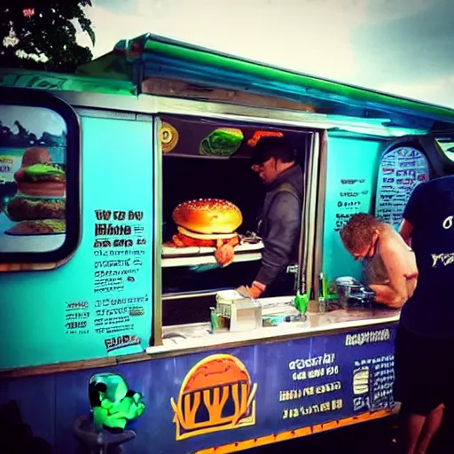 Image similar to “yoda selling burger in a food van”