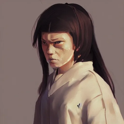 Prompt: Portrait of a character of Sukeban Deka School Girl, anger in her eyes, artwork by Sergey Kolesov, arstation,