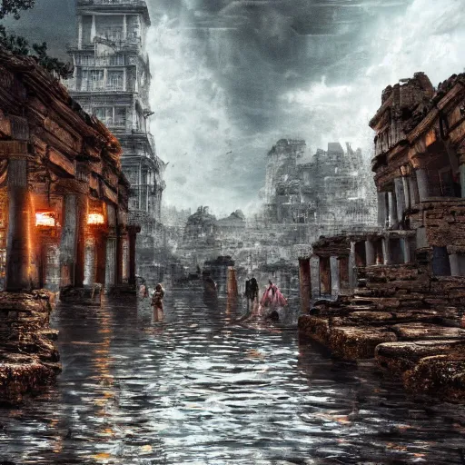 Image similar to Ancient city being destroyed by a flood, digital art , highly detailed , high contrast, beautiful lighting, award winning , trending on art station, photorealistic, 8k