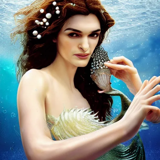 Prompt: rachel weisz portrait, fantasy, mermaid, hyperrealistic, game character, underwater, highly detailed, sharp focus, cinematic lighting, pearls, glowing hair, shells, gills, crown, water, highlights, starfish, jewelry, realistic, digital art, pastel, magic, fiction, ocean, king, colorful hair, sparkly eyes, fish, heroic, god, waves, bubbles