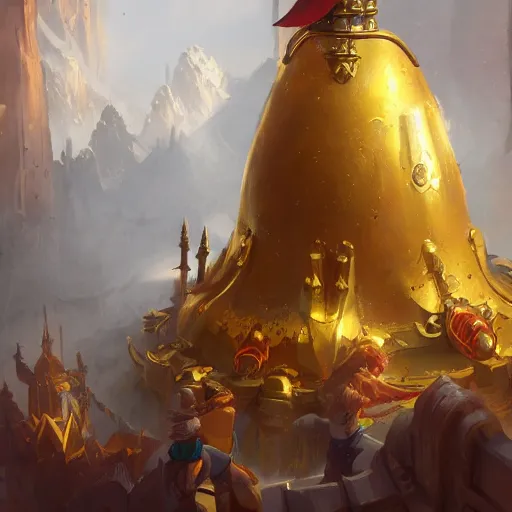 Image similar to a holy giant bell made of gold, yellow theme, bright art masterpiece artstation. 8 k, sharp high quality artwork in style of jose daniel cabrera pena and greg rutkowski, concept art by tooth wu, blizzard warcraft artwork, hearthstone card game artwork, giant bell