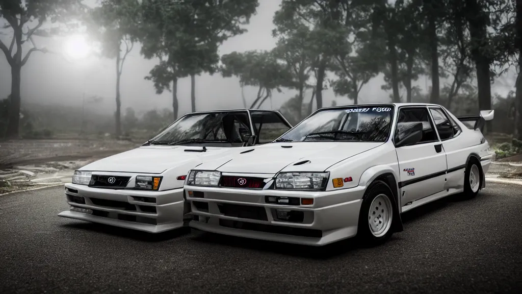 Image similar to toyota sprinter trueno 3 door gt - apex with pop up headlights, cinematic, nikon d 7 5 0, long exposure, white balance, 8 k, led, lumen global illumination, fog, ray tracing reflections, fxaa, rtx, post - production