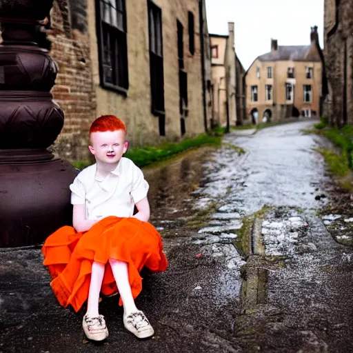 Prompt: Little red-head boy looking like a medieval knight with short black hair in a pale orange-green wedding dress sitting in a rainy street with a little man walking in the foreground with a tall black-haired