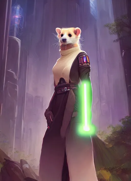 Image similar to commission of a beautiful portrait of a female anthro ferret fursona wearing jedi robes in a forested cyberpunk city. character design by charlie bowater, ross tran, artgerm, and makoto shinkai, detailed, soft lighting, rendered in octane