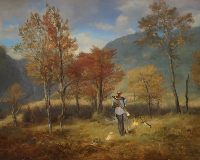 Prompt: landscape portrait of a girl chopping a hickory tree with an axe, autumn mountains, original oil on canvas painting by william sydney mount, trending on artstation