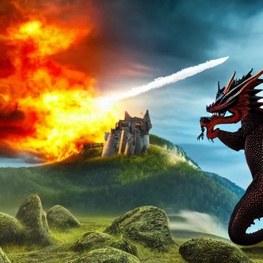 Image similar to a knight with sword leaping on a dragons back as the dragon breathes fire and inflames the ground beneath him, smoke everywhere with castle in distance, stormy, raining, 4 k, hd, realistic