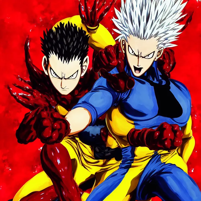 saitama, garou, and cosmic garou (one-punch man) drawn by kanggereo_defansa