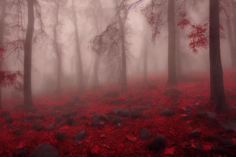 Prompt: deep dark moody forest, red fog on the ground, bleak. big stones, dark mood. mysterious. doom. realistic painting. photobashing, matte painting, highly detailed, autumn, cinematic, hyperralistic, artstation