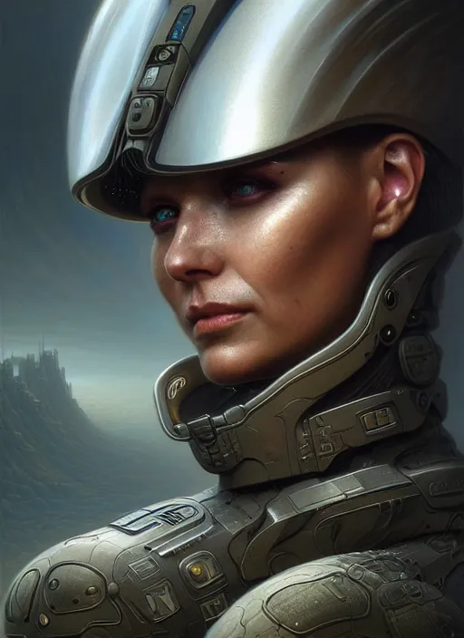 Image similar to closeup portrait shot of a futuristic soldier in a scenic dystopian environment, intricate, elegant, highly detailed, centered, digital painting, artstation, concept art, smooth, sharp focus, illustration, artgerm, tomasz alen kopera, peter mohrbacher, donato giancola, joseph christian leyendecker, wlop, boris vallejo