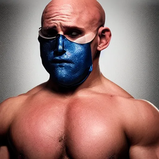 Image similar to muscular wrestler, bald, eyepatch, blue mask covering mouth, realistic,